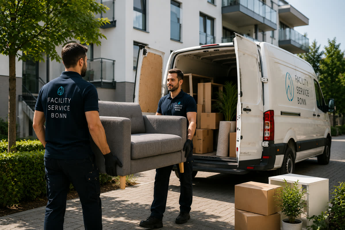 Zwei Mitarbeiter von Facility Service Bonn verladen Möbel in einen Transporter