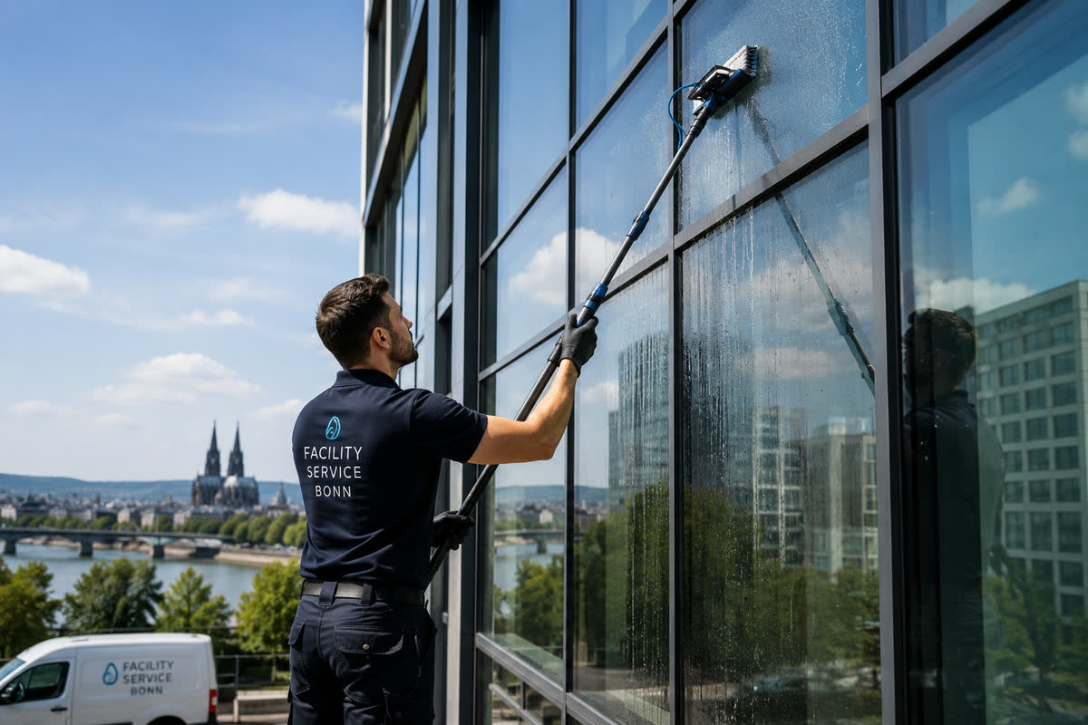 Glasreiniger von Facility Service Bonn reinigt eine Glasfassade mit Blick über den Rhein auf Bonn