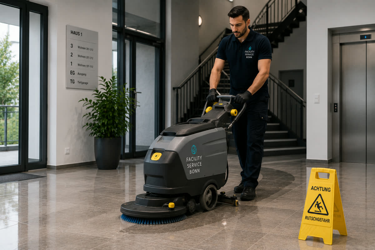 Maschinelle Bodenreinigung im Foyer eines Gebäudes in Bonn