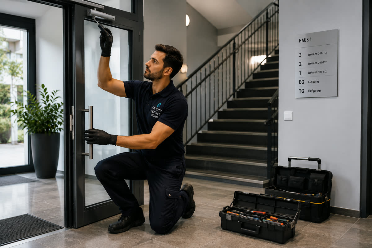 Hausmeister von Facility Service Bonn prüft den Türschließer einer Hauseingangstür
