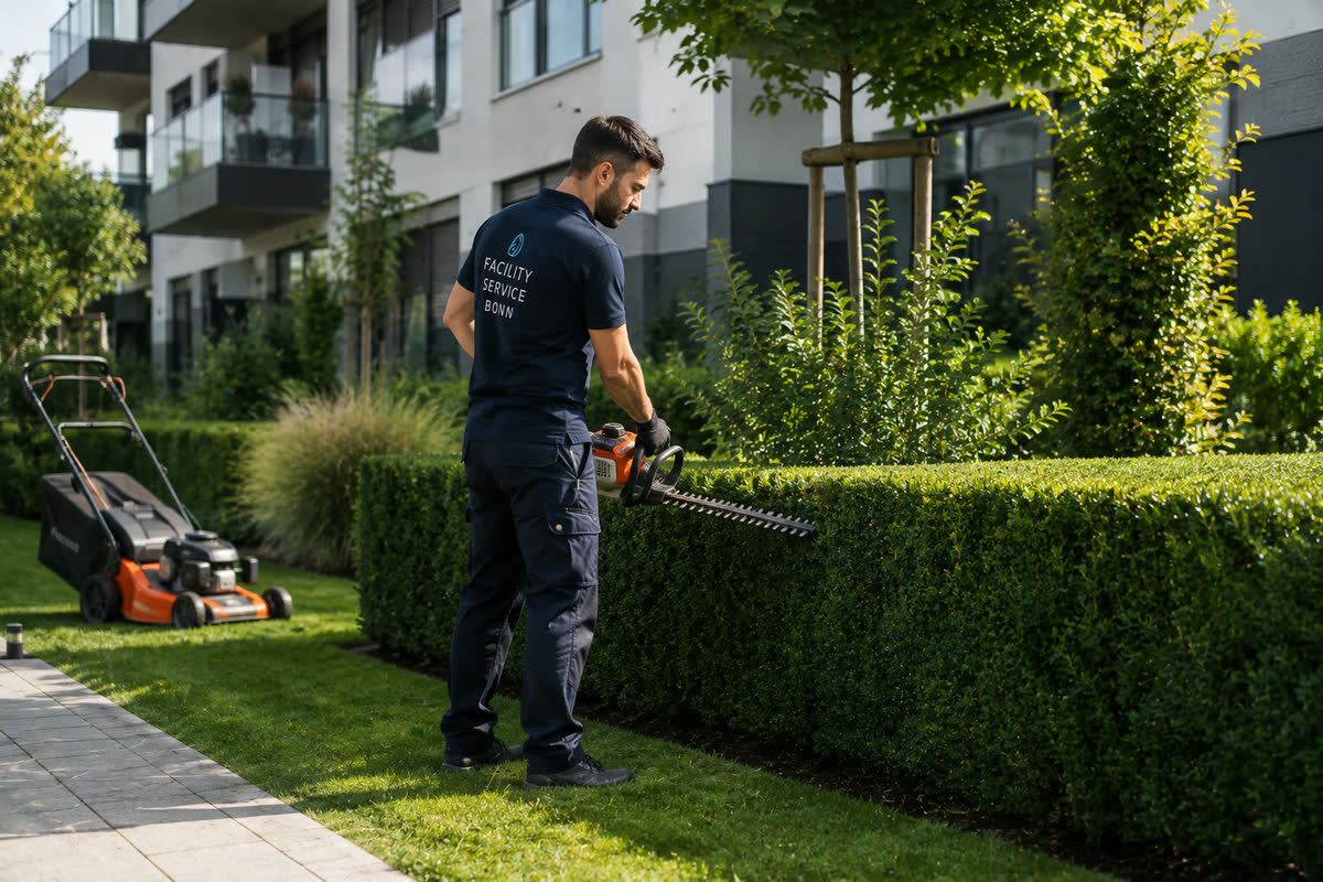 Gärtner von Facility Service Bonn schneidet eine Hecke vor einer Wohnanlage
