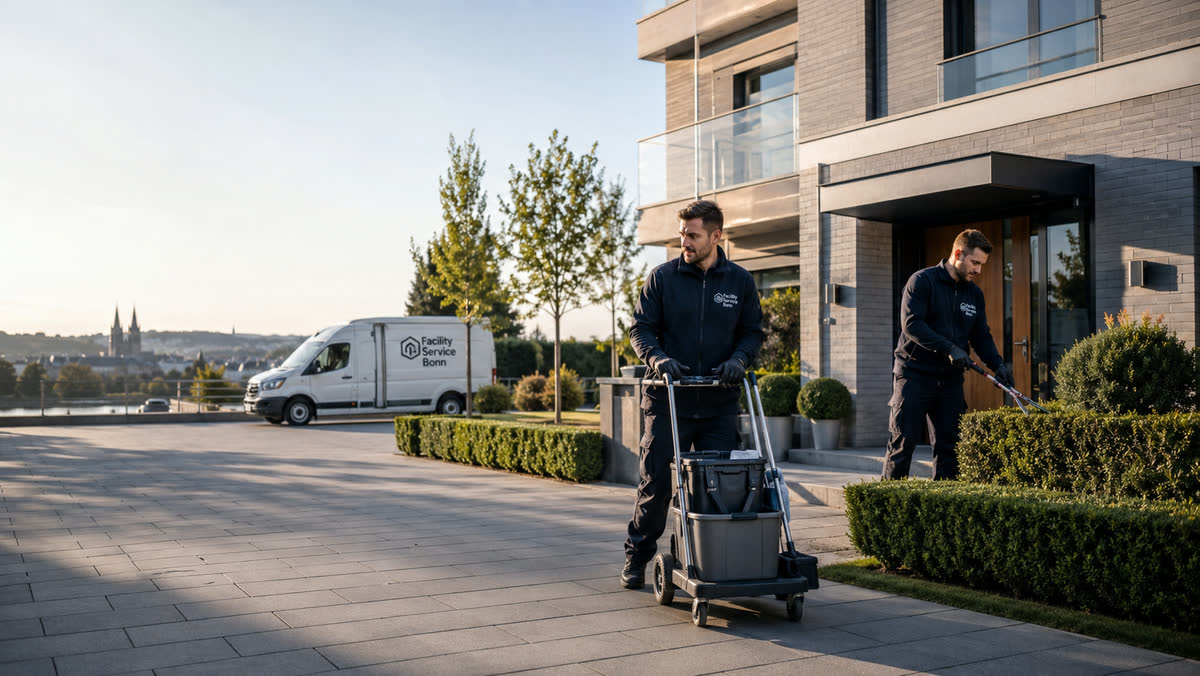 Team von Facility Service Bonn mit Servicefahrzeug bei der Objektbetreuung einer Wohnanlage in Bonn