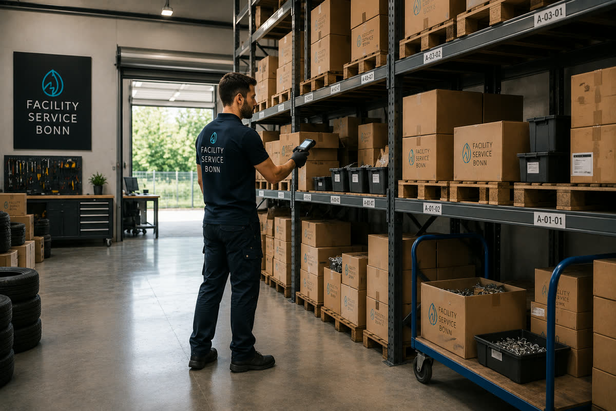 Materiallager von Facility Service Bonn mit sortierten Beständen für die Objektbetreuung