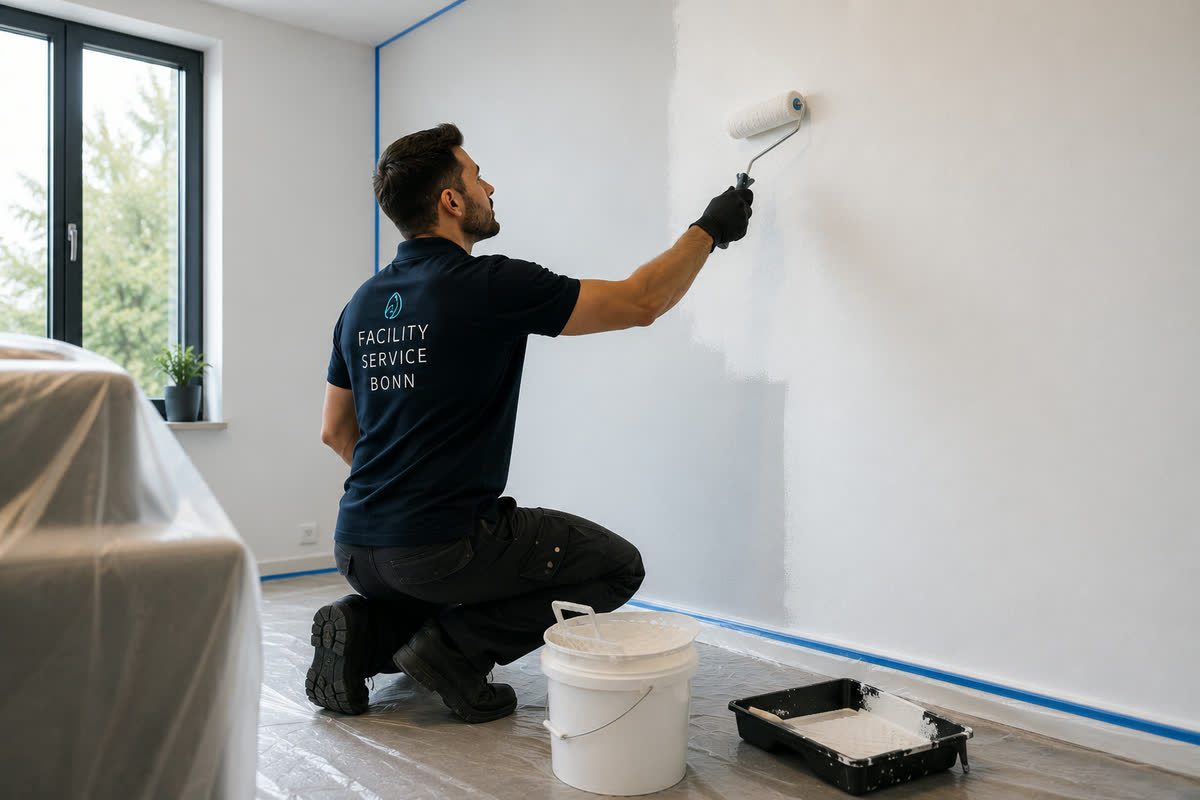Mitarbeiter von Facility Service Bonn streicht eine Innenwand mit der Malerrolle