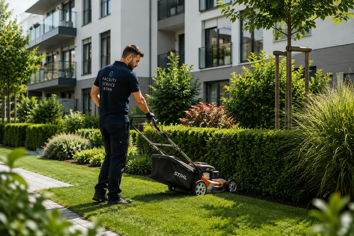 Rasenmähen in der Grünanlage einer Wohnanlage in Bonn