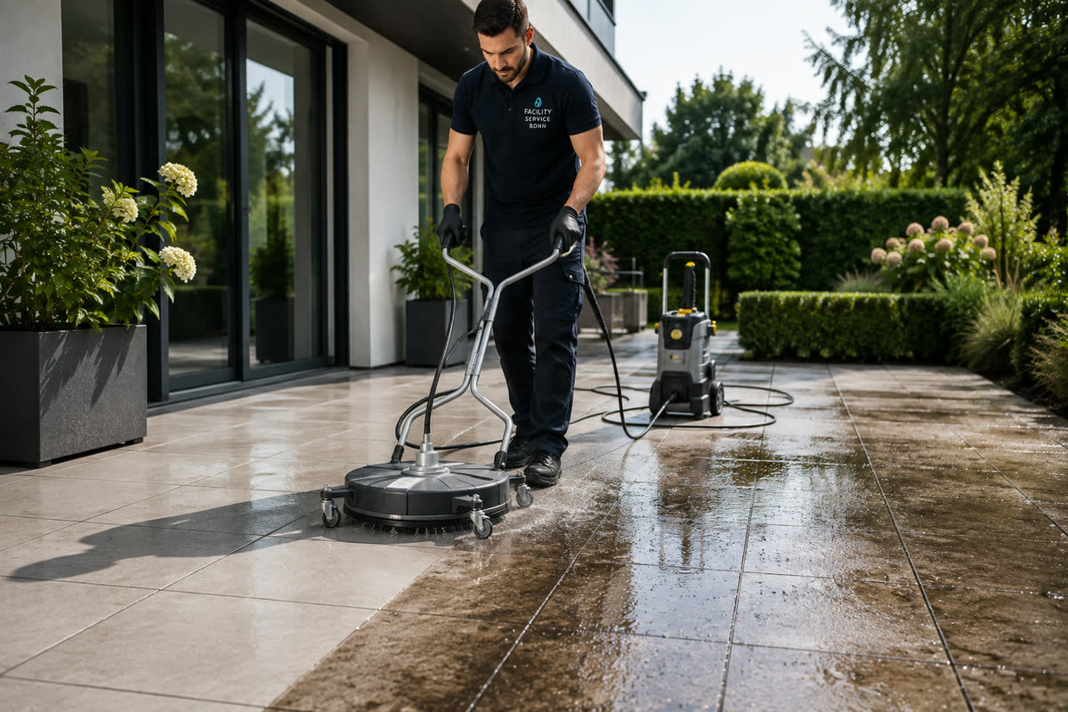 Terrassenreinigung mit Flächenreiniger: die gereinigte Fläche hebt sich deutlich vom verschmutzten Bereich ab