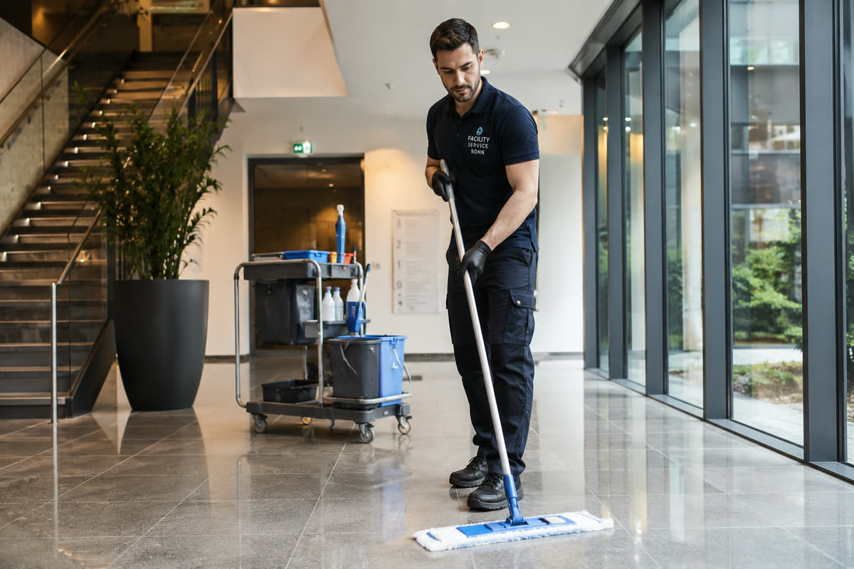 Reinigungskraft von Facility Service Bonn bei der Unterhaltsreinigung im Eingangsbereich